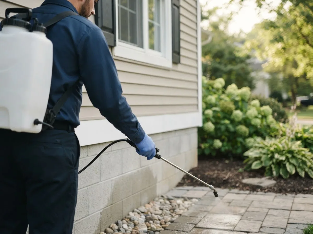 Pest control technician inspecting a home in Coweta, OK
